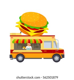 Food truck vector flat illustration. Modern design concept compositions for food delivery service vehicles. Web graphics, advertisements, brochures, business templates. Isolated on a white background