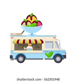 Food truck vector flat illustration. Modern design concept compositions for food delivery service vehicles. Web graphics, advertisements, brochures, business templates. Isolated on a white background