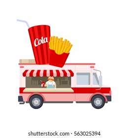 Food truck vector flat illustration. Modern design concept compositions for food delivery service vehicles. Web graphics, advertisements, brochures, business templates. Isolated on a white background