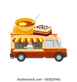 Food truck vector flat illustration. Modern design concept compositions for food delivery service vehicles. Web graphics, advertisements, brochures, business templates. Isolated on a white background