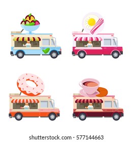 Food truck vector flat illustration. Food delivery service vehicles.