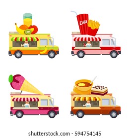 Food truck vector flat illustration. Modern design concept compositions for food delivery service vehicles. Web graphics, advertisements, brochures, business templates. Isolated on a white background