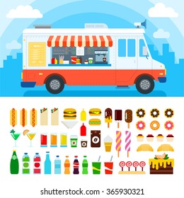 Food truck vector flat illustrations. Retro foods truck with fast food against the sky. Nutrition concept. Junk food, beverages, confectionery, coffee and cakes isolated on white background