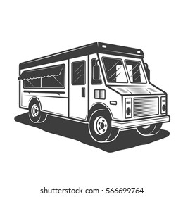 Food truck vector illustration in monochrome vintage style isolated on white background