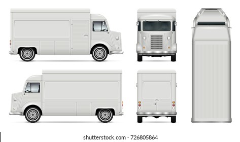 Food truck vector mock-up for advertising, corporate identity. Isolated template of Foodtruck on white background. Vehicle branding mockup. Easy to edit and recolor. View from side, front, back, top.