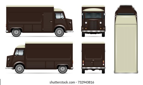 Food truck vector mock-up for advertising, corporate identity. Isolated template of mobile coffee van on white. Vehicle branding mockup. Easy to edit and recolor. View from side, front, back, top.