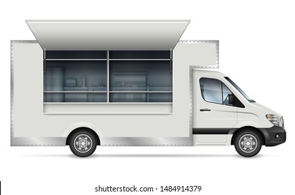 Food truck vector mockup for vehicle branding, advertising, corporate identity. Isolated template of mobile kitchen van side view on white background. All elements in the groups on separate layers