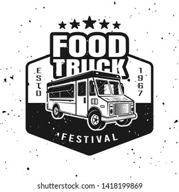 Food truck vector monochrome emblem, badge, label, sticker or logo in vintage style isolated on white background with removable textures