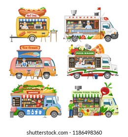 Food truck vector street food-truck vehicle and fastfood delivery transport with hotdog or pizza illustration set of man character selling in foodtruck isolated on white background