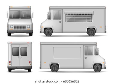 Food Truck Vector Template For Car Advertising. Silver Delivery Truck from side, front, back View. Easy to edit and recolor.