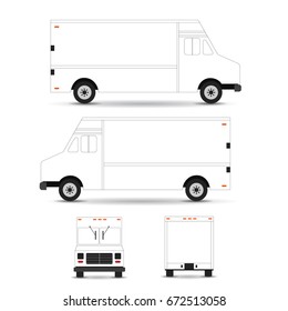 Food truck vector template outline stroke isolated on white background. Can be used for corporate identity and branding design.