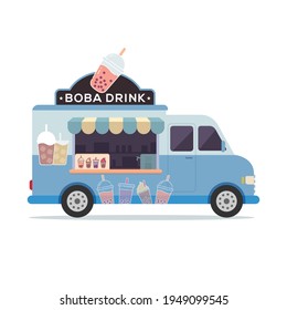 Food Truck Vehicle Boba Drink Shop On The Truck Isolated On White Background Vector Illustration