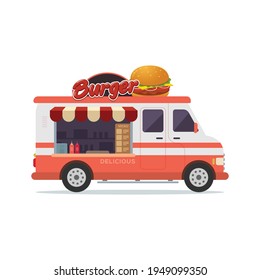Food truck vehicle burger shop on the truck isolated on white background vector illustration