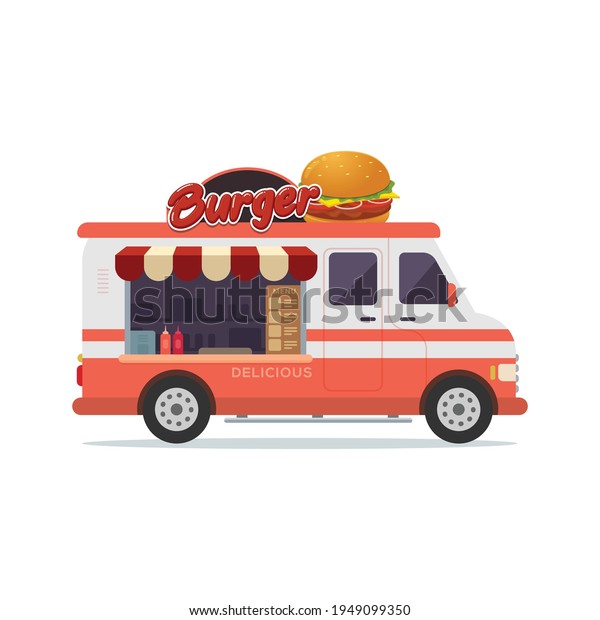 Food truck vehicle burger shop on the\
truck isolated on white background vector\
illustration