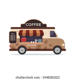 Food truck vehicle coffee shop on the truck isolated on white background vector illustration