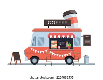 Food truck vehicle coffee shop on the truck with cupisolated on white background vector illustration