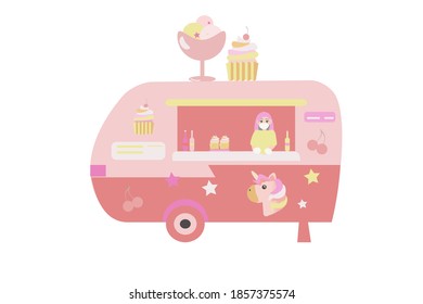 Food truck whith ice cream and cake Seller wear mask and gloves Vector flat illustration