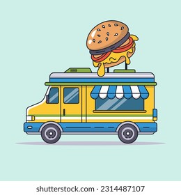 food truck yellow bus selling burgers vector illustration