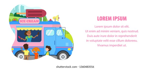 Food Trucking Business Flat Banner Vector Template. Happy Woman and Little Kids Cartoon Characters. Delicious Dessert Store, Summer Delicacy Shop. Ice Cream Van Illustration with Text Space