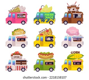 Food trucks big set of cars and vans cafe restaurant on wheels, flat cartoon vector illustration isolated on white background. Fastfood and street food trucks.