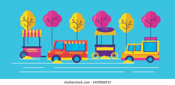 food trucks booth snacks outdoor service vector illustration