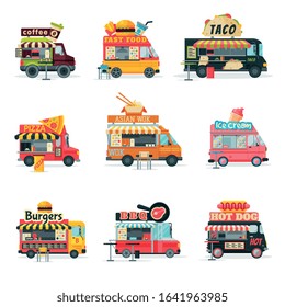 Food Trucks Collection, Street Meal Vehicles, Mobile Shops, Hamburgers, Coffee, Hot Dog, Pizza, Burger, Ice Cream, Taco Vector Illustration