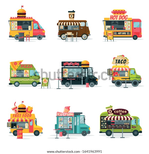 Food Trucks Collection, Street Meal\
Vehicles, Fast Food Delivery, Mobile Shops, Hamburgers, Coffee, Hot\
Dog, Pizza, Burger, Ice Cream, Taco Vector\
Illustration