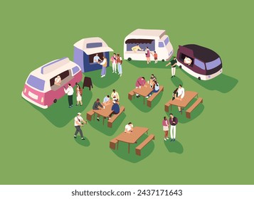 Food trucks with different snacks, drinks. People eating on the picnic tables. Friends, couples, families relax outdoor. Kiosk vans with ice cream. Fastfood festival in park. Flat vector illustration