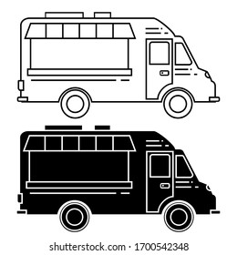 Food Trucks In Glyph And Outline Style, Isolated On White Background. Illustration Of Truck In Thin Line. Festival Of Street Food. Market In The Street. Vector Illustration 