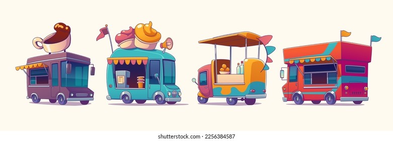 Camiones de comida con helado, café, bebidas y aperitivos. Ventiladores de comida callejera para eventos de verano en parque, feria o festival aislados en fondo blanco, vector conjunto al estilo contemporáneo