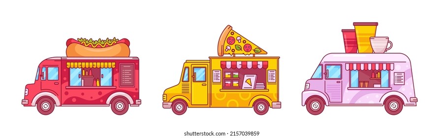 Food Trucks Isolated Cars, Vans Stores for Street Food Selling. Cafe on Wheels, Transportation With Fastfood Menu, Pizza, Hot Dog, Coffee or Tea Beverages. Cartoon Linear Vector Illustration