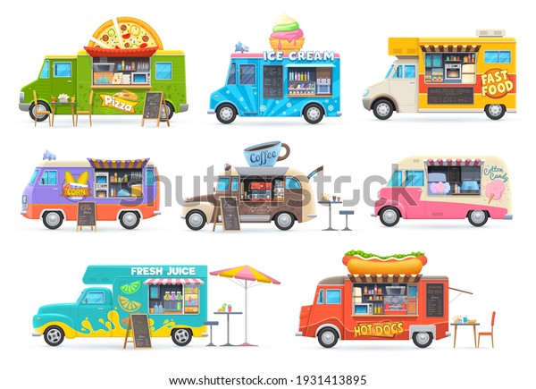 Food trucks isolated vector cars, cartoon vans for\
street food selling. Cafe restaurant on wheels, transportation with\
fastfood chalkboard menu, pizza, ice cream, pop corn and coffee or\
juice trucks
