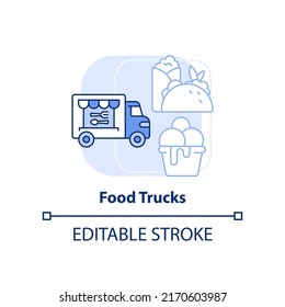 Food trucks light blue concept icon. Restaurant type abstract idea thin line illustration. Vehicle for selling snacks. Isolated outline drawing. Editable stroke. Arial, Myriad Pro-Bold fonts used
