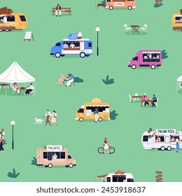 Food trucks at outdoor festival, seamless pattern. Summer fest with trailers, wheeled cafes, caravans, endless background. Repeating print design. Flat vector illustration for fabric, textile