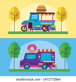 food trucks outdoor park service donuts hambuger vector illustration