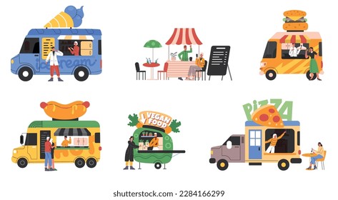 Food trucks. People buy snacks in automobile van cafe. Eateries on wheels. Sellers and visitors. Pizza and burgers store. Vegetarian meal. Street market. Vector festival