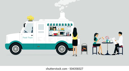 Food trucks provide customers with a gray background.