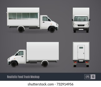 Food trucks realistic ad template mockup set of isolated commercial vehicle side view images without branding vector illustration