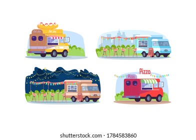 Food trucks semi flat vector illustration set. Van to sell hot dog. Food court with chairs and tables. Sell pizza from transport. Urban seasonal fair 2D cartoon scene pack for commercial use