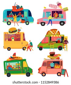 Food trucks set with ice cream and pizza symbols flat isolated vector illustration