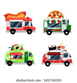 Food trucks set, isolated on white background. Vector flat cartoon illustration. Street food festival and catering business, icons and design elements. Fast food meals service.