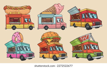 Food trucks set labels colorful with vans for sale of street food at country festival or catering party vector illustration