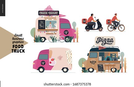 Food trucks -small business graphics. Modern flat vector concept illustrations -set of vans vending outdoor. Frozen yoghurt and pizza - food truck and delivery man on bicycle and scooter