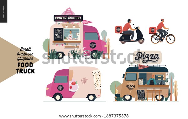 Food trucks -small business graphics. Modern flat\
vector concept illustrations -set of vans vending outdoor. Frozen\
yoghurt and pizza - food truck and delivery man on bicycle and\
scooter