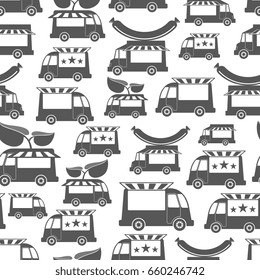Food trucks with stars, green and sausage - food seamless pattern design. Vector illustration