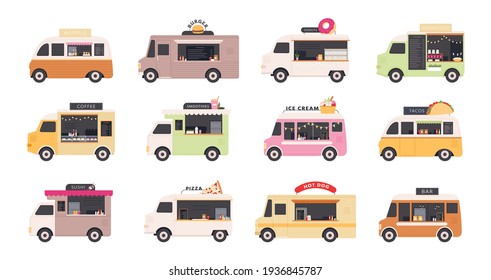 Food trucks. Van cars selling street fast foods, pizza, burger, coffee, donut and ice cream. Restaurant on wheels festival flat vector set