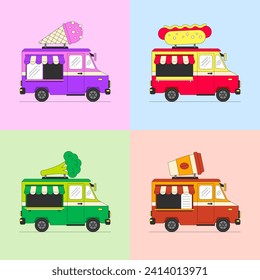 Colección vectorial de camiones de comida, de estilo plano