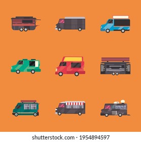 Food trucks vehicles icon set