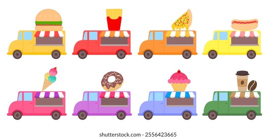 Food trucks.Catering van facade.Set of street van.Street food.Transportation.Cafe restaurant.Shop truck.Vehicles.Dessert and fastfood.Cuisine businesses.Graphic design.Cartoon vector illustration.