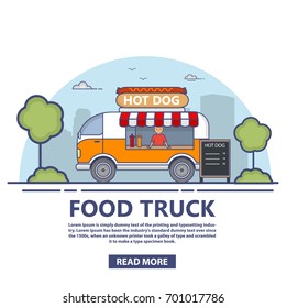 Food truck.Trading in hot dogs.Street food.Cooking in the van.Fast-food car.Design concept posters and banners on the websites on delivery  for a mobile application.A vector in flat linear 